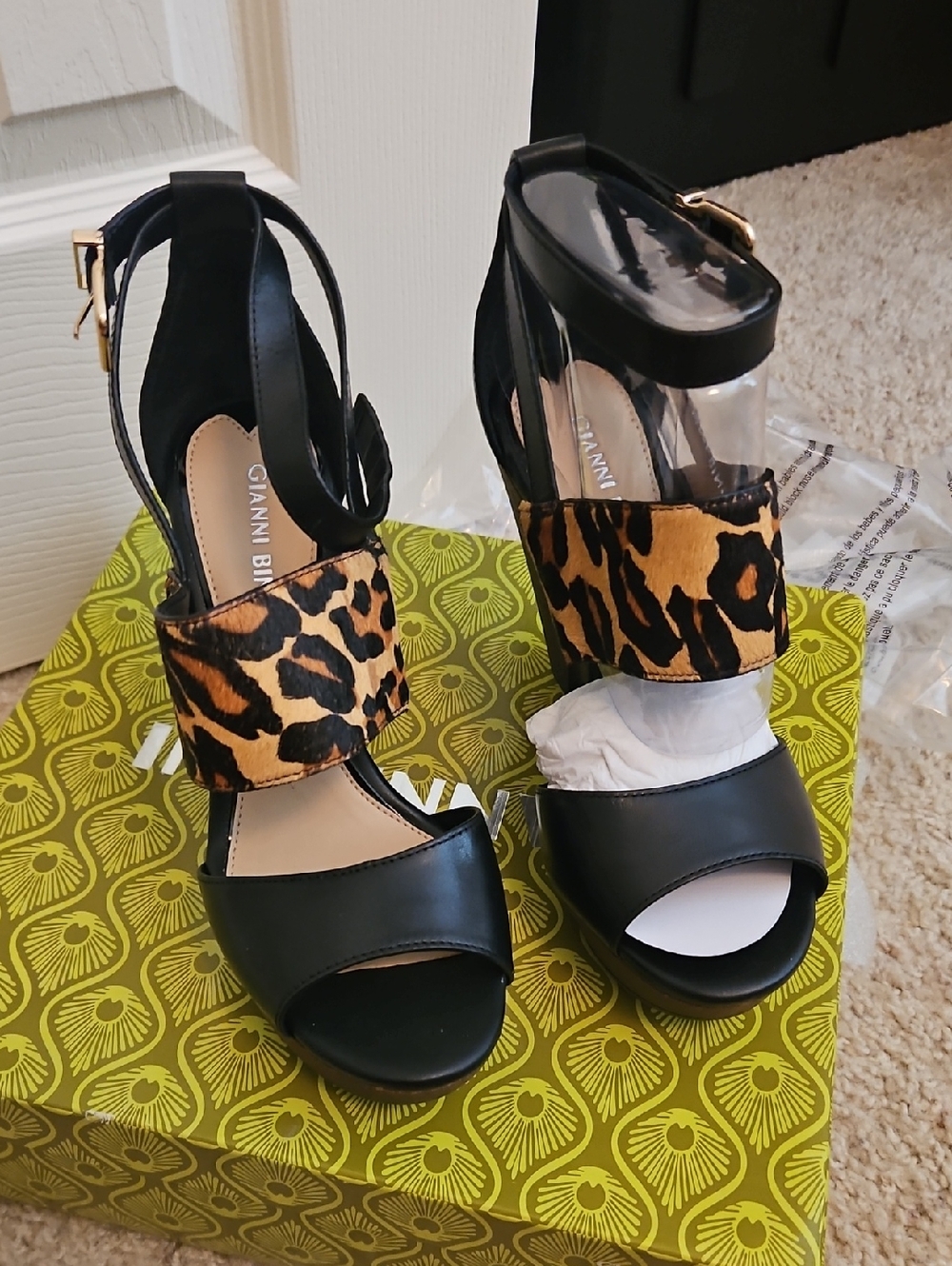 Gianni Bini Black Heeled Sandals with Leopard Strap